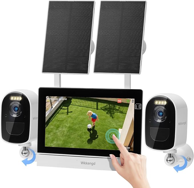 Solar Wireless Security Camera System, 4MP Battery Powered 2-Camera Kit with 7" Touchscreen Monitor, Motion Detection Auto Full-Screen Zoom, Color Night Vision, Compatible with Alexa