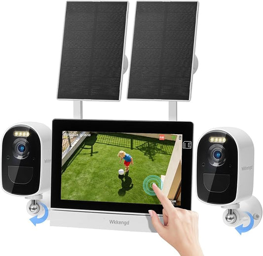 Solar Wireless Security Camera System, 4MP Battery Powered 2-Camera Kit with 7" Touchscreen Monitor, Motion Detection Auto Full-Screen Zoom, Color Night Vision, Compatible with Alexa