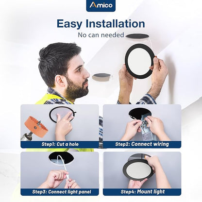 Amico 12 Pack 7 Inch 5CCT Ultra-Thin LED Canless Recessed Ceiling Light with Junction Box, 2700K/3000K/3500K/4000K/5000K Selectable, 15W=100W, 1300LM Brightness, Dimmable Wafer Downlight,ETL&FCC,Black
