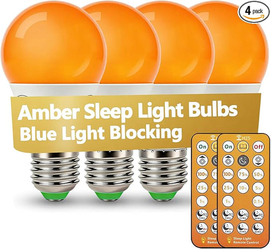 LED Sleep Amber Light Bulbs with Remote Control, 1600K E26 Circadian Light Bulb A15, 5W(40W Equivalent) for Sleep Therapy, Baby Nursery, Bedroom (4 Packs)