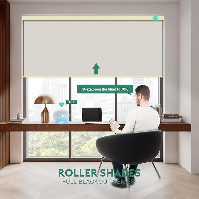 Motorized Blinds with Remote [100% Blackout & Silent Motor] Smart Blinds Compatible with Alexa Google HomeKit, Electric Roller Shades for Indoor Windows, Customized Size, Shimmer Solar Gold