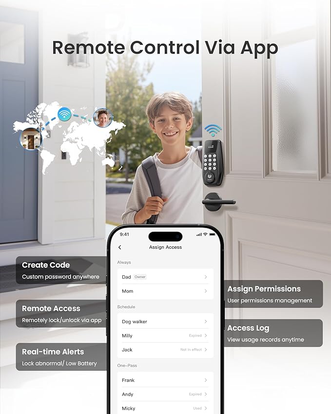 DESLOC C100 Plus Built-in WiFi Smart Lock with Handle Set, Built-in WiFi Keyless Entry Door Lock with Display, Keypad Deadbolt & Matching Lever Handle for Front Door, App Remote Control - Black