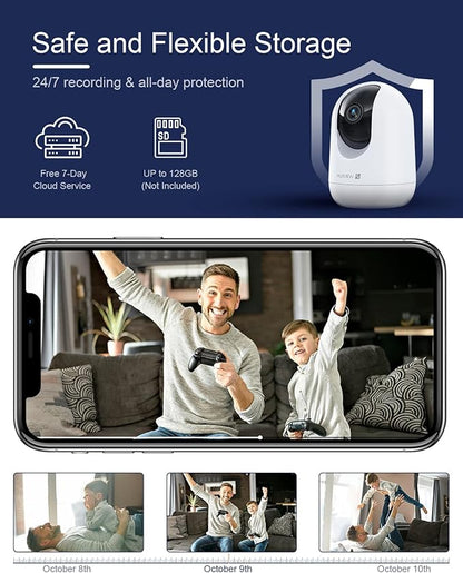 Indoor Security Camera 2K, Pet Camera with Phone App, WiFi Cameras for Home Security Camera for Dog/ Baby Monitor/Elder Pan Tilt, 5/2.4GHz, 24/7, 2-Way Talk, Human Detection, Motion Tracking, Cloud