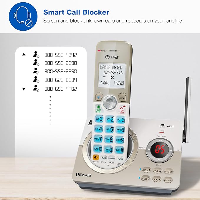 AT&T 4-Handset DECT 6.0 Expandable Cordless Home Phone with Large Display, Big Buttons, Answering Machine, Smart Call Blocker, Bluetooth Connect to Cell, Long Range, Caller ID, Speakerphone: DL72419