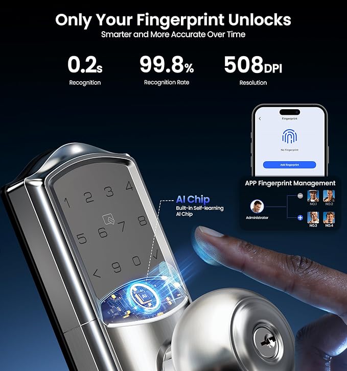 Veise VE028 Built-in Wi-Fi Smart Lock with Knob, Fingerprint Keyless Entry with Handle, App Remote & Voice Control, Electronic Digital Keypad for Front Door and Bedroom, IP65 Waterproof, Satin Nickel