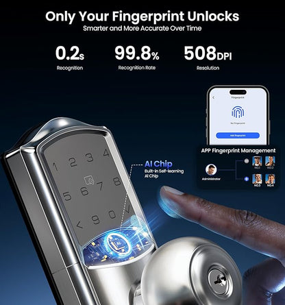 Veise VE028 Built-in Wi-Fi Smart Lock with Knob, Fingerprint Keyless Entry with Handle, App Remote & Voice Control, Electronic Digital Keypad for Front Door and Bedroom, IP65 Waterproof, Satin Nickel