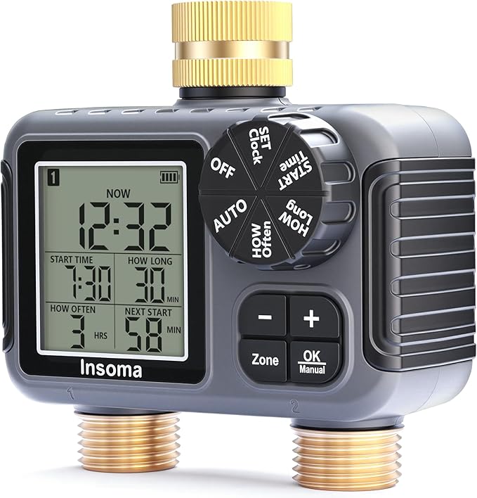 Insoma 2-Zone Sprinkler Timer with Brass Inlet & Outlet, Water Timer for Garden Hose with Auto/Manual/Rain Delay Mode, Big LCD Display, Easy Setup Hose Timers for Lawn, Garden, Vacation Watering
