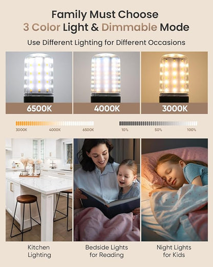 HYPERBLAZE Battery Operated Light Bulbs for Lamps, Wide Bright & 3 Colors & Dimmable Rechargeable Light Bulbs with Remote for Sconces, USB+ E26 Lamp Socket Charging for Non-Hardwired Fixture