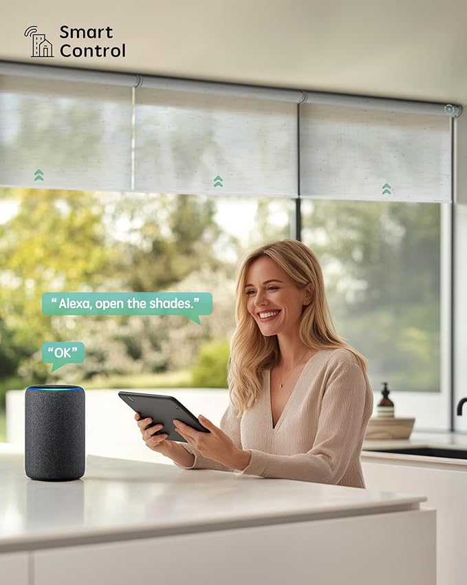 Yoolax Smart Coupled Solar Shades Compatible with Alexa, Motorized Blinds with Remote Flame Retardant Coupled Roller Shades for X-Large Windows, Custom Size (XL - 5% Openness Starry White)