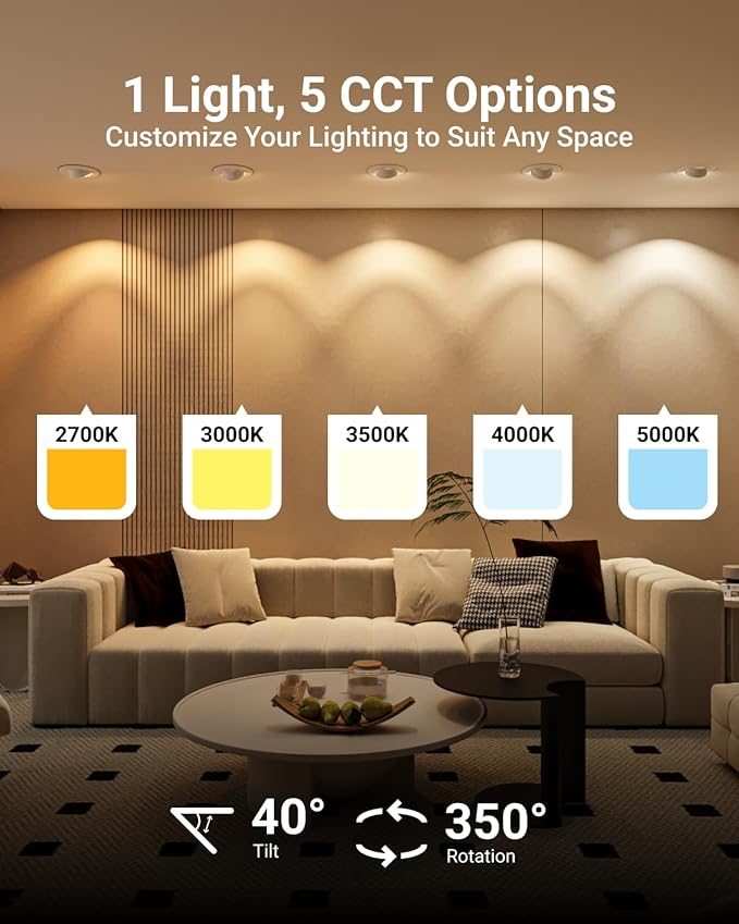 Sunco 5/6 Inch LED Can Lights Retrofit Recessed Lighting, Gimbal Downlight Adjustable, 800 LM, 12W:60W, Selectable CCT 2700K/3000K/3500K/4000K/5000K, Dimmable, Damp Rated UL. (Pack of 2)
