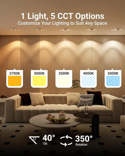 Sunco 5/6 Inch LED Can Lights Retrofit Recessed Lighting, Gimbal Downlight Adjustable, 800 LM, 12W:60W, Selectable CCT 2700K/3000K/3500K/4000K/5000K, Dimmable, Damp Rated UL. (Pack of 2)