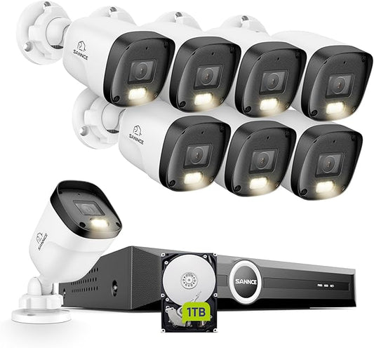 SANNCE 2K 3MP PoE Security Camera System - 8CH 6MP Surveillance NVR with 8PCS 3MP HD Clear Full Color Night Vision Bullet Cameras, IP67 Weatherproof, Audio Recording (1TB HDD)