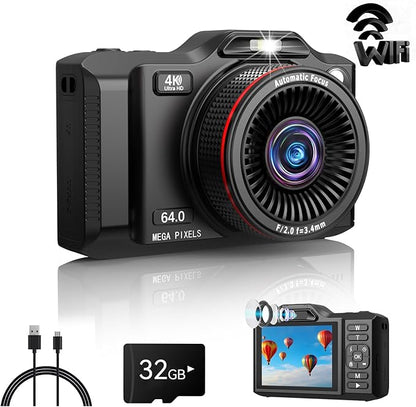 Digital Camera,4K 64MP Autofocus Vlogging Camera with Dual Lens,18X Zoom/WiFi/32GB Card/,Point and Shoot Cameras for Boys Girls Gifts (XJ600-Black)