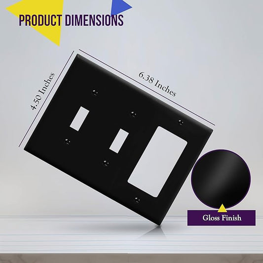 ENERLITES Combination Triple Light Switch Plate, Double Toggle/Single Decorator Switch, Standard Size 3-Gang 4.5" x 6.38", Polycarbonate Thermoplastic, 881231-BK, Black