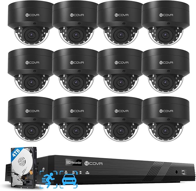 4COVR Commercial Security Camera System 4K PoE, 12Pcs IK10 Vandal-Proof 8MP Wired Dome IP Camera IP67 AI Human/Vehicle Detection, 16 Channel NVR 4TB HDD, Business Surveillance Outdoor, LY54AB8M1612