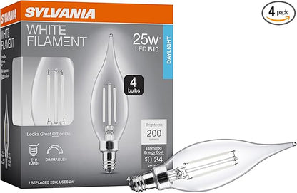 Sylvania B10 Clear LED White Filament Bulb, 2W, Dimmable, 200 LMS, Candelabra Base, 5000K, Daylight - 4 Pack (42264)