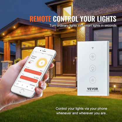 VEVOR Smart Dimmer Switch, Wi-Fi 2.4GHz, Dimmable Smart Switch with Tempered Glass Touch Panel, 15% to 85% Stepless Dimming, Voice App Remote Control, Works with Alexa Google Home, for LED Lights