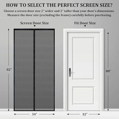 Magnetic Screen Door - Self Sealing, Heavy Duty, Hands Free Mesh Partition Keeps Bugs Out Let Breeze in- Pet and Kid Friendly - Keep Open Feature (Black, Fit Door Size 32 x 80 Inch)
