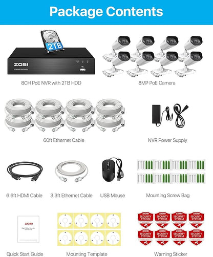 ZOSI 4K Ultra HD PoE Security Camera System Outdoor, Person Vehicle Detection, 2 Way Audio, Night Vision, 8 x IP66 Weatherproof Surveillance Cameras, 8CH 8MP NVR with 2TB Hard Drive for 24/7 Recording