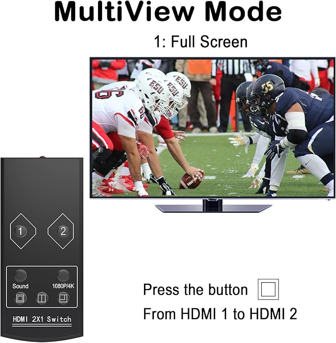 4K HDMI Multi Viewer 2 in 1 Out with Remote – Seamless Switching 2x1 Multi-viewer,2 HDMI Inputs (Devices) &1 Output (Display), Up to 4K @30Hz, 1080P for PS4,PC,DVD,Security Camera