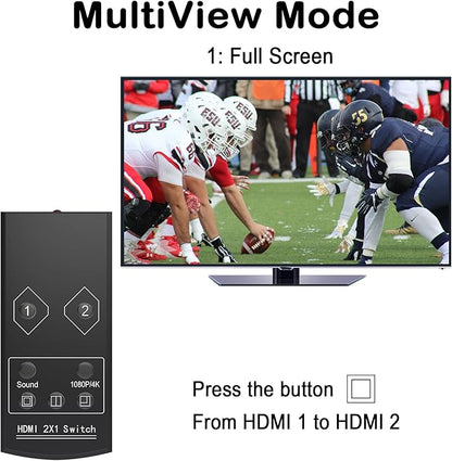 4K HDMI Multi Viewer 2 in 1 Out with Remote – Seamless Switching 2x1 Multi-viewer,2 HDMI Inputs (Devices) &1 Output (Display), Up to 4K @30Hz, 1080P for PS4,PC,DVD,Security Camera
