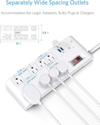 Quick Charge 3.0 Power Strip Surge Protector USB, BESTEK Multi Outlets Plug 8-Outlet 4 USB Charging Ports, 6-Foot Long Flat Angle Plug Heavy Duty Extension Cords, 900 Joule, FCC ETL Listed