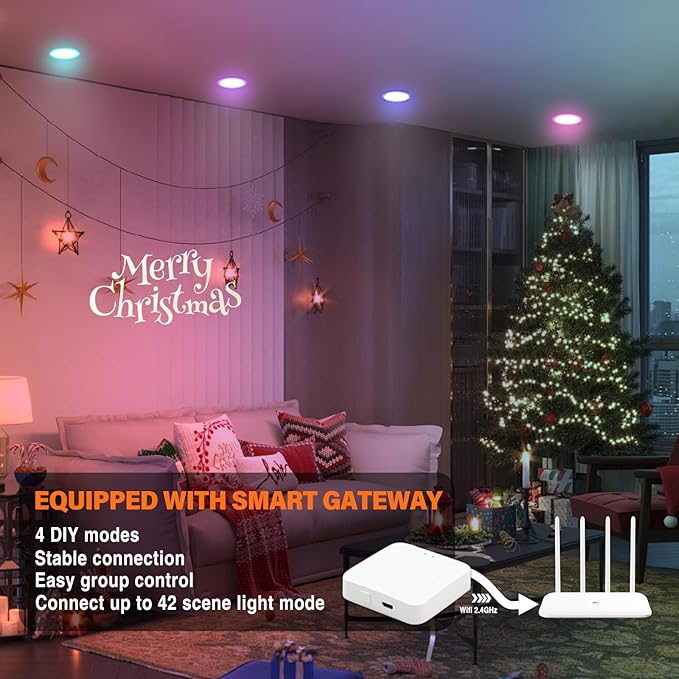 6Pack Smart RGB Recessed Light 6Inch,Ultra-Thin Canless LED Downlight,2.4GHz Wi-Fi Bluetooth Direct Connect,2700K-6500K,12W,1080LM,Work with App/Alexa/Google Assistant/Siri