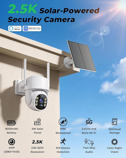 Solar Security Cameras Wireless Outdoor, 5G&2.4GHz Cameras for Home Security, 2K Solar Outdoor Camera, Color Night Vision, AI Human Detection, 2-Way Talk, Siren Alarms (2-Pack)