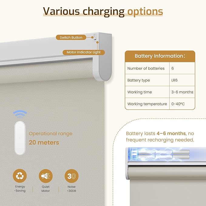 Grandekor Motorized Blinds with Remote Control, Blackout Roller Shade Electric Shades Cordless Smart Blinds for Bedroom Living Room Office,Beige,W31xH72