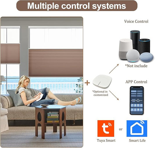 Godark Motorized TDBU Cellular Shades with Remote Control Smart Honeycomb Blinds Compatible with Alexa Google Home Smarthings Custom Double Cellular Light Filtering for Indoor Windows Doors-Brown