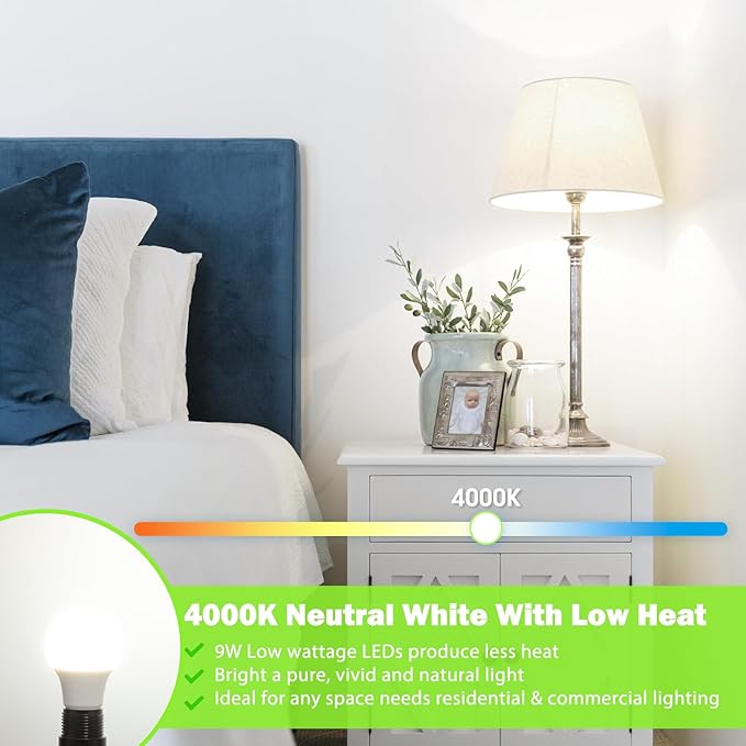 Maylaywood 60 Watt Equivalent A19 LED Light Bulb, Neutral White 4000K, 900LM, 9W Bright White, E26 Base, Dimmable, Pack of 12