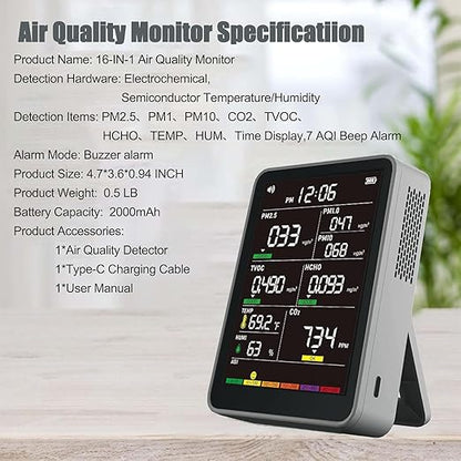 Professional Indoor Air Quality Monitor with AQI Alerts, Portable Real-Time Detector for Home, Car, Plants & Pet