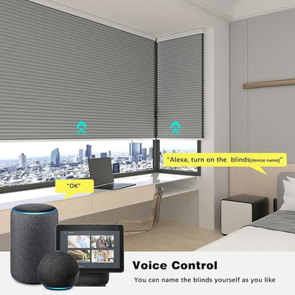 Changshade Motorized Blackout Cellular Shades for Indoor Windows Smart Blinds Automatic Electric Power with Remote Control, Custom Size Honeycomb Blind Compatible with Alexa, Google Home, Grey