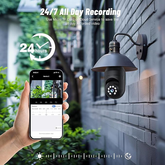 Light Bulb Security Camera 5G/2.4GHz WiFi 2K Lightbulb Security Cameras Wireless Outdoor, 360 Screw in Sight Bulb Motion Detection Siren Alarm Light Socket Camera 2-Way Audio Color Night Vision