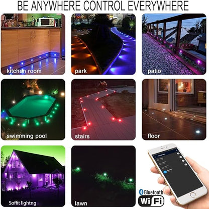 LED Deck Light Kit, 10pcs Φ1.77” WiFi Wireless Smart Phone Control Low Voltage Recessed RGBW Deck Lights with Remote, Voice Control, IP67 Waterproof Outdoor Path Stair Landscape Lighting, Black