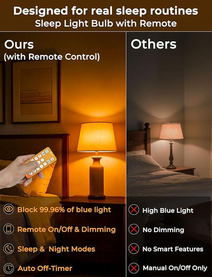 Sleep Light Bulbs Amber 1600K with Remote Control, E26 Blue Light Blocking A19, 9W for Sleep Therapy, Baby Nursery, Bedroom (6 Pack)