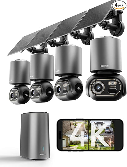 BOTSLAB 4K Security Cameras Wireless Outdoor, 4 Cam-Kit, Solar Camera for Home Security with Full Color Night Vision, No Subscription,AI Recognition,32GB Local Storage Base Station,360° PT,2.4GHz WiFi
