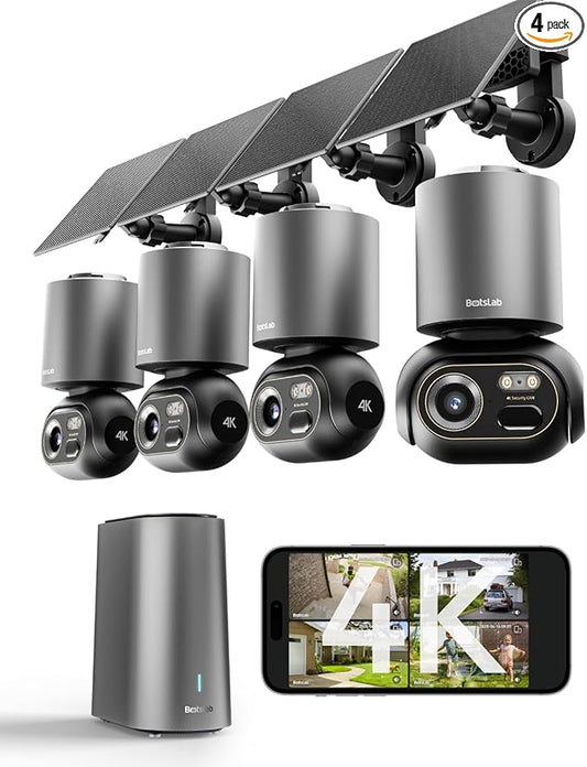 BOTSLAB 4K Security Cameras Wireless Outdoor, 4 Cam-Kit, Solar Camera for Home Security with Full Color Night Vision, No Subscription,AI Recognition,32GB Local Storage Base Station,360° PT,2.4GHz WiFi