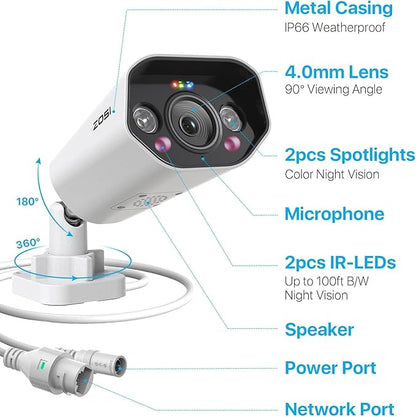 ZOSI 4PK 4K PoE Security Cameras with Ethernet Cables,Person Vehicle Detection,2 Way Audio,Night Vision,Smart Light&Sound Alerts,8MP Weatherproof Outdoor Add-on Camera Only Work 4K PoE NVR