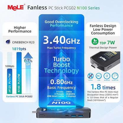 MeLE PCG02 N100 Mini PC Stick 8GB LPDDR5 256GB eMMC, Win11Pro Fanless Micro Desktop Computer Stick, Support HDMI + USB-C 4K Dual Display, 2.4G/5GHz WiFi BT5.1 GbE, for IoT, Digital Signage, Office