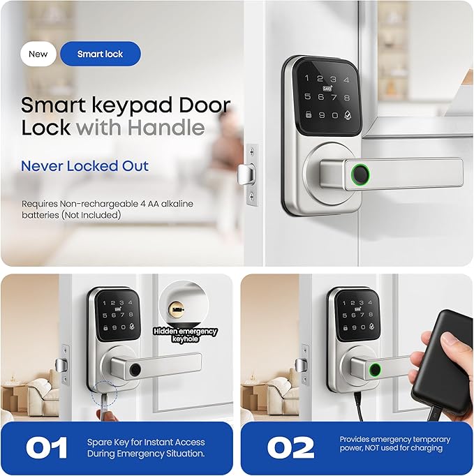 Smart Door Lock with Handle, Heittis Fingerprint Smart Lock with Touchscreen Keypad - Keyless Biometric Deadbolt Door Knob for Front Door, Bedroom, Interior or Exterior Use (Nickel, App Control)