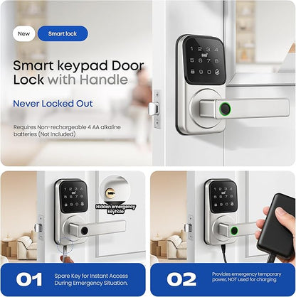 Smart Door Lock with Handle, Heittis Fingerprint Smart Lock with Touchscreen Keypad - Keyless Biometric Deadbolt Door Knob for Front Door, Bedroom, Interior or Exterior Use (Nickel, App Control)