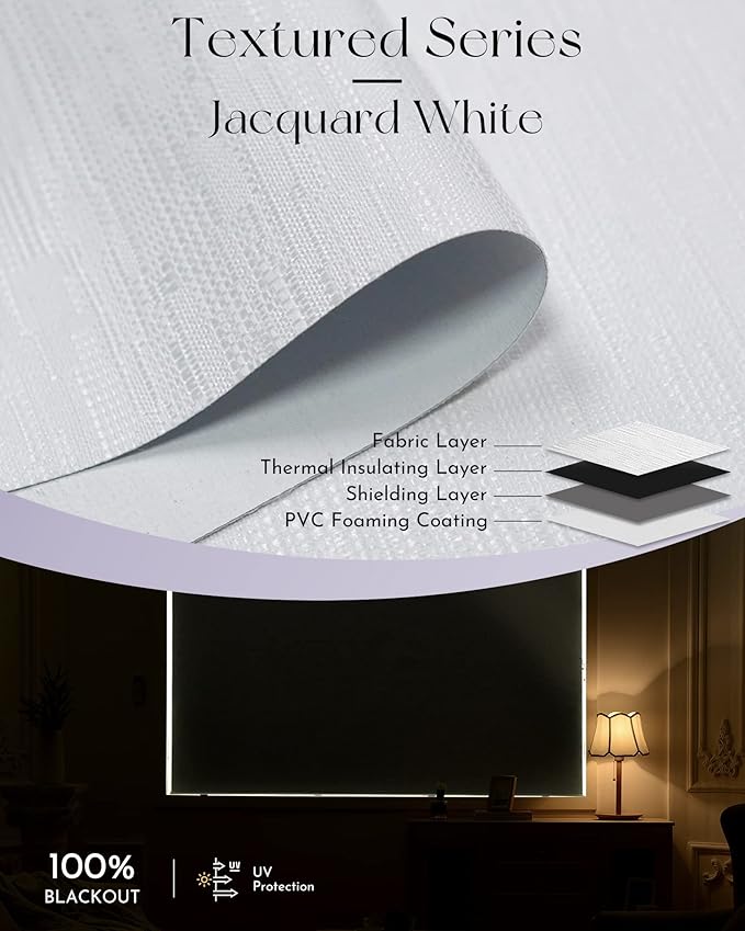 Graywind Motorized Roller Shades 100% Blackout Free Stop Window Shades Cordless Wireless Remote Control Window Roller Blinds with Valance for Smart Home and Office, Customized Size, Jacquard White