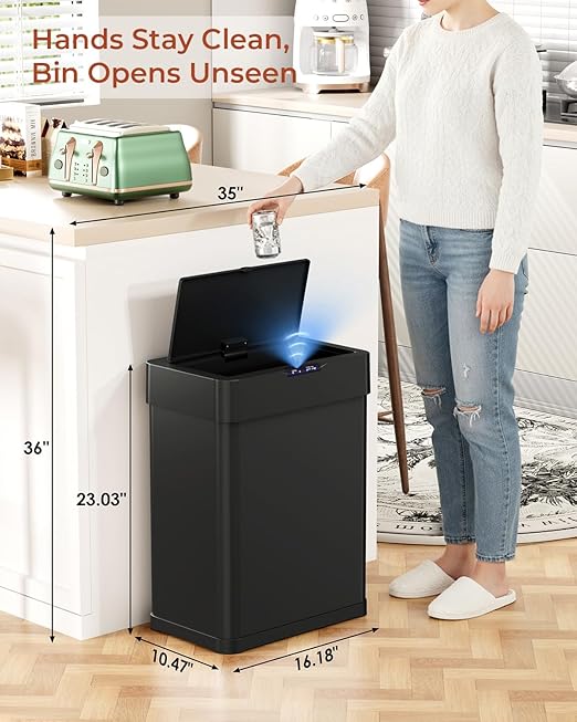 TLSUNNY 13.2 Gallon Motion Sensor Trash Can,Touchless Automatic Garbage Can,Brushed Stainless Steel Smart Bin,with Bag Holder,Soft Close Lid,for Kitchen,Office,RV,Bedroom,Living Room (Black, 50L)