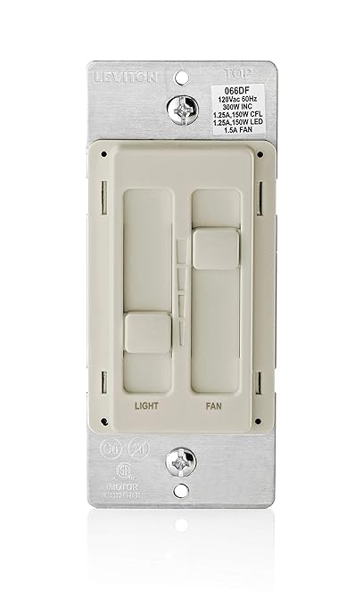 Leviton SureSlide Ceiling Fan Control and Dimmer Switch for LED, Halogen and Incandescent Bulbs, 66DF-10T, Light Almond