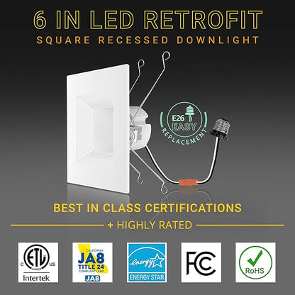 NUWATT 4 Pack, 6 Inch Retrofit LED Square Recessed Lighting, 5CCT 2700K/3000K/3500K/4000K/5000K Selectable, 1100 Lumens 14W, Dimmable 6" Square Downlight, 6 Inch Square Can Light, Wet Rated, ETL, T24