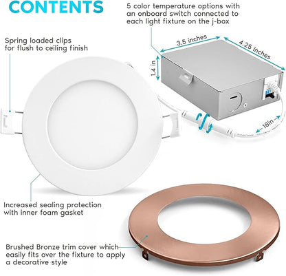 LUXRITE 4 Inch Ultra Thin LED Recessed Light with J-Box, 10W, 5 Color Options 2700K | 3000K | 3500K | 4000K | 5000K, Dimmable Wafer Lights, 750 Lumens, Copper Trim, Energy Star, IC Rated (4 Pack)