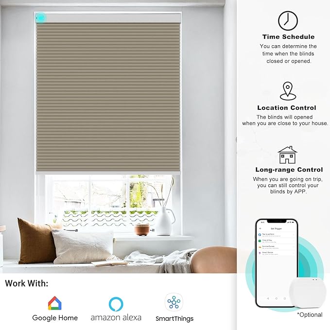 Changshade Motorized Cellular Shades with Remote Control Automatic for Indoor Windows Doors, Smart Blackout Blinds Auto Electric Power, Custom Size Honeycomb Blind Work with Alexa, Google Home, Brown
