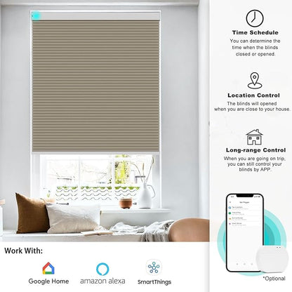 Changshade Motorized Cellular Shades with Remote Control Automatic for Indoor Windows Doors, Smart Blackout Blinds Auto Electric Power, Custom Size Honeycomb Blind Work with Alexa, Google Home, Brown