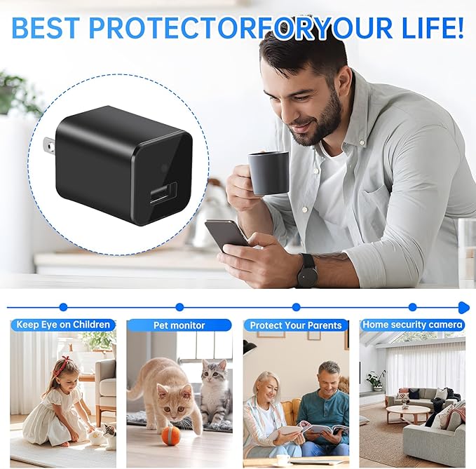 USB Charger Hidden Camera, WiFi Small Spy Security Camera, Full HD 1080P Mini Wireless Nanny Cam Motion Detection with App Live Feed for Home, Window, Indoor, Outdoor